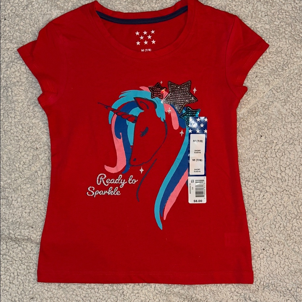 Red Kids Tee with Unicorn and Stars